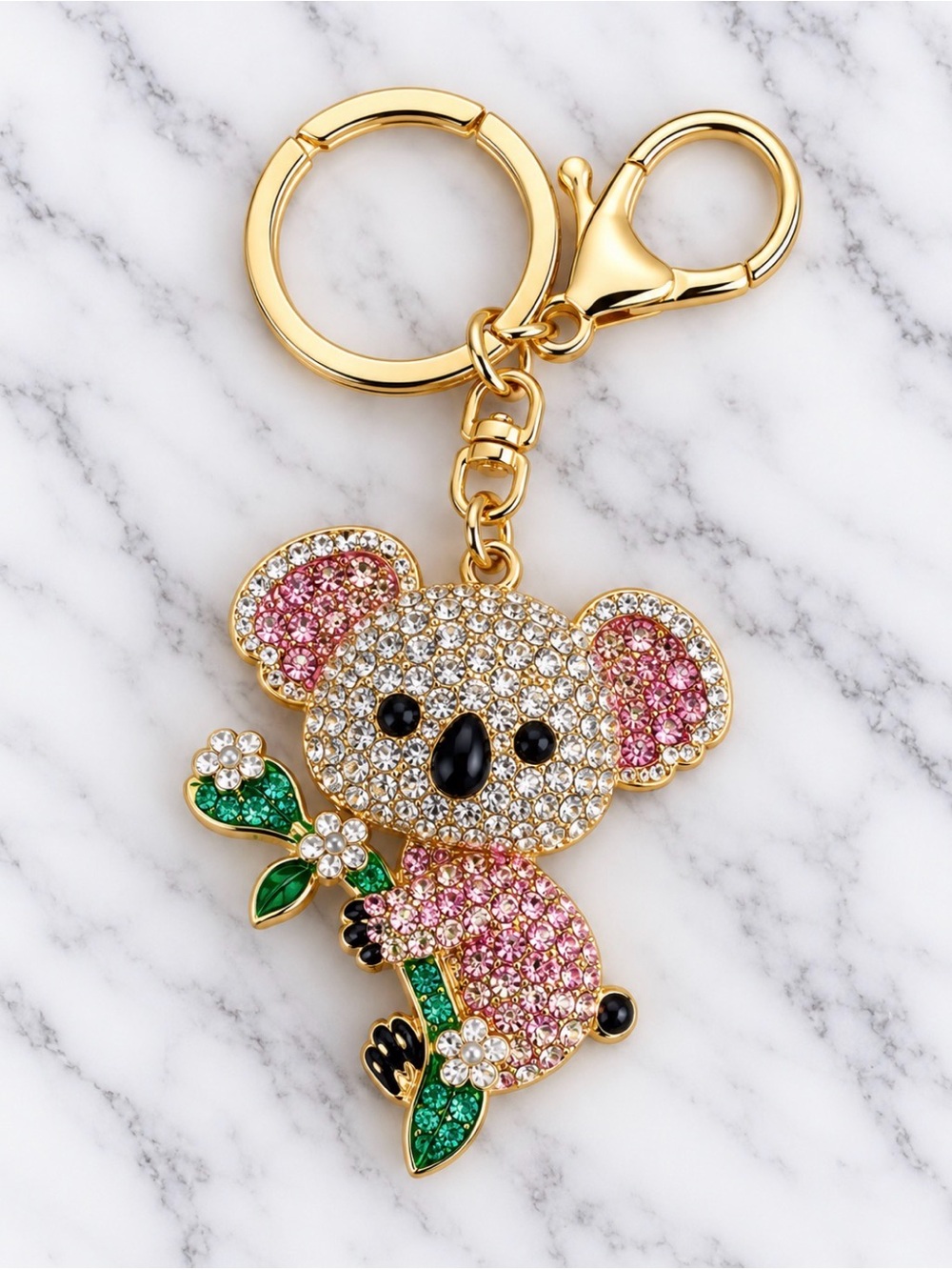 Bag Charm/Keyring-Pink Rhinestone Bobble Head Koala-Gold Hardware